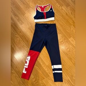 Set—-Fila Navy, White and Red Activewear Set- Sports Bra and Leggings Medium